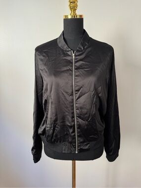 Six Crisp Days Satin Black Bomber Jacket